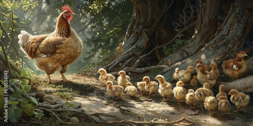 A watchful hen guides her brood of tiny chicks as they peck at the ground in a shaded outdoor area****