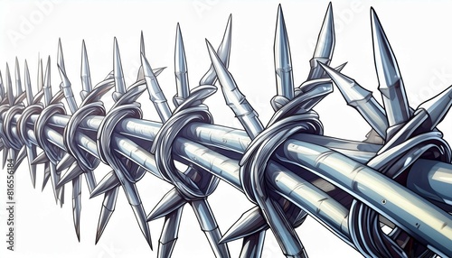 Steel barbed wire with spikes or thorns realistic modern illustration isolated on white background. Barrier for dangerous industrial facilities or prisons