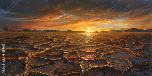 The golden sunset casts a warm glow over a vast landscape of textured mudcracks, symbolizing drought and the beauty of natural patterns
