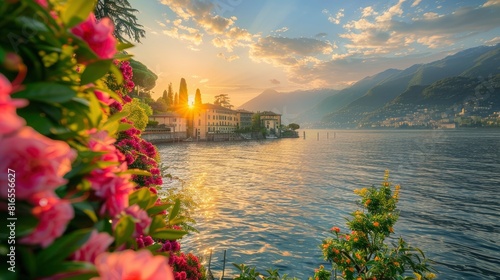 Sunset Serenity Lake Comos Floral Elegance