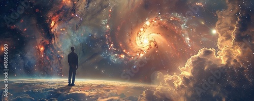 A man looking at an alternate universe. Colorful galaxy with stars and swirling vortex or black hole.