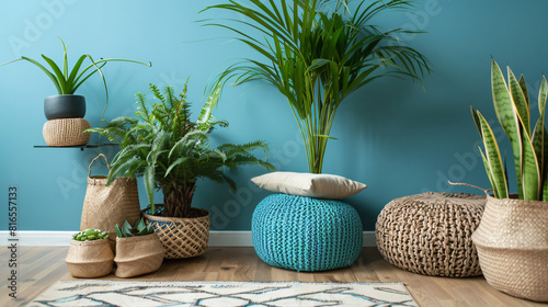 Comfortable pouf with pillows and houseplants near col