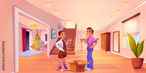 Couple making list of Christmas gifts at home. Vector cartoon illustration of pensive young man and woman standing near cardboard box in house hallway, decorated Xmas tree and presents in living room