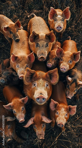 Aerial view of a group of piglets suckling a sow on a farm