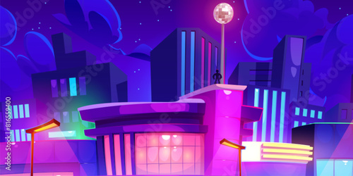 Silhouette of man standing on roof of skyscraper at night in city with neon glow. Cartoon vector illustration of superhero on building of illuminated town. Purple and pink brightened cityscape.