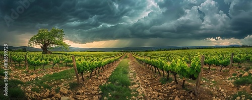 vineyard during a stormy day during spring in the denomination of origin region of Ribera del Duero in the province of Valladolid in Spain