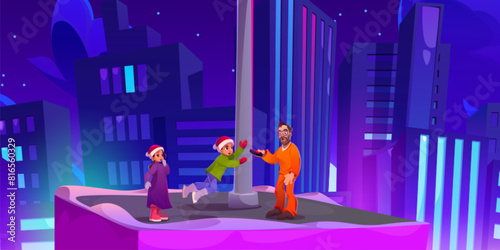 Two kids girl and boy in Santa hats and male escaped prisoner in orange uniform on roof of skyscraper in night city with neon glow. Cartoon vector illustration of danger scene with child and criminal.