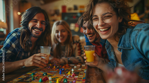 Photo realistic Friends savoring game night with snacks and drinks showing joy, togetherness, and friendly competition. Photo Stock Concept