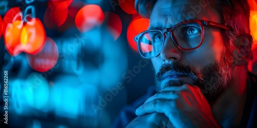 A male hacker contemplating cyber security breach and data theft. Concept Hacking, Cyber Security, Data Theft, Technology, Crime