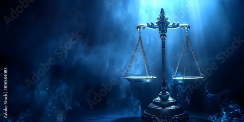 Dark courtroom with Scales of Justice symbolizing law and justice system. Concept Law and Justice, Courtroom Setting, Scales of Justice, Legal System, Dark Environment