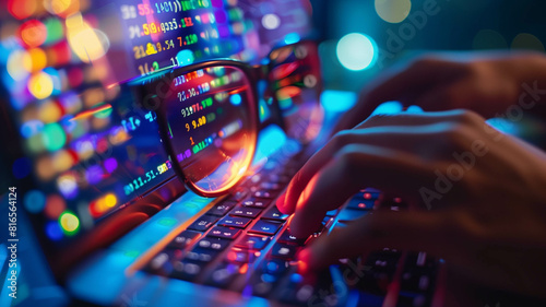 A close-up of hands typing on a laptop keyboard with binary code reflected in the glasses, symbolizing data encryption, stock photography. Ai generated