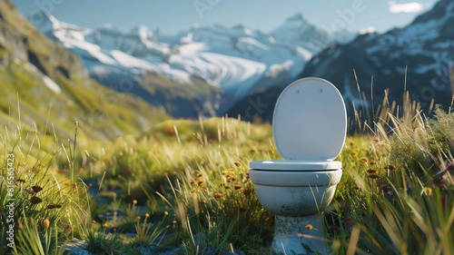 Close-up of a modern toilet positioned amidst vibrant alpine grasses, with snow-capped peaks in the background