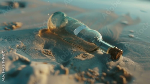 A discarded bottle lies on the sandy beach, surrounded by the tranquil landscape of water, wildlife, and rocks AIG50