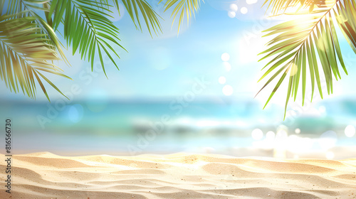 Tropical beach background with sand and palm leaves, blurred sea in the distance. Summer vacation concept