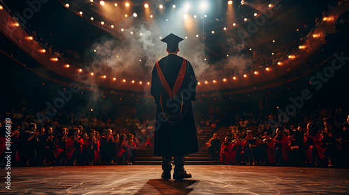 An artistic shot of a graduate standing on stage, spotlight highlighting them, audience clapping in the background, dramatic lighting