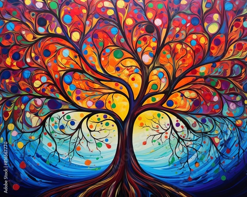 A beautiful painting of a tree of life, with its roots firmly planted in the ground and its branches reaching up to the sky