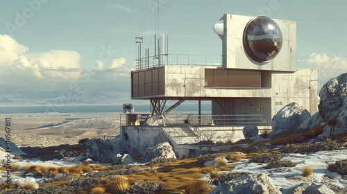 Concept art of a monitoring station on the San Andreas fault, in a futuristic, hightech minimalism style