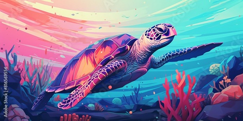 A beautiful watercolor painting of a sea turtle swimming in a coral reef.