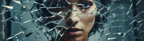 A beautiful woman's face is reflected in the shattered glass.