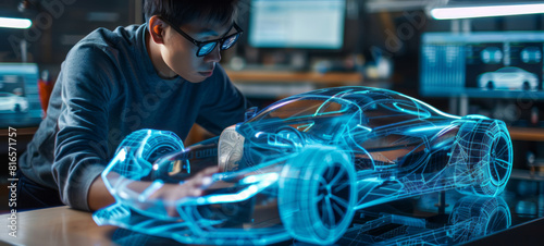An industrial design tech expert examining advanced virtual models of a car, utilizing multiple exposure techniques and playing with light and shadow in an outrun style.