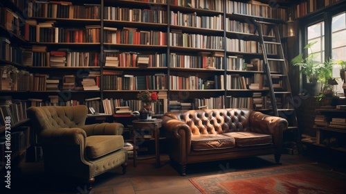 A cozy reading nook in a home library with a leather armchair and a green wingback chair in front of a large wooden bookshelf.