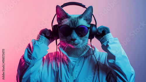 Fashionable Cat wearing headphones music antrophomorfic cat neon lights ,generative ai