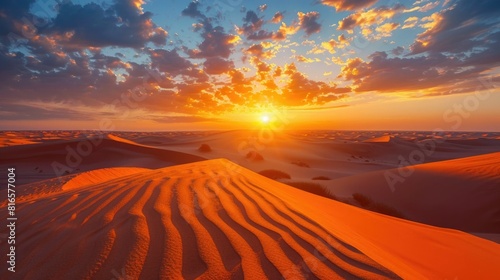 Breathtaking Sunset Over Vast Desert Landscape with Glowing Sand Dunes and Dramatic Skies