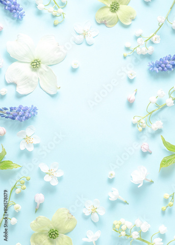 Flat lay frame from spring flowers on a light blue background. View from above, copy space. Beautiful floral frame. Springtime. aesthetics photo