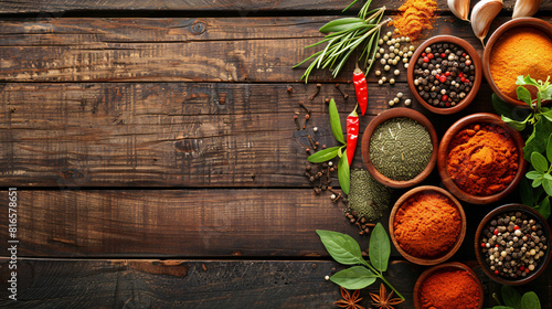 Different spices and herbs on dark wooden background -