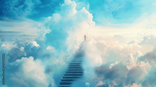 Conceptual image of ambition with a staircase leading to the clouds, person stepping up