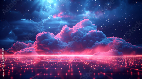 A visually captivating representation of cloud storage and computing using dynamic cloud formations and digital network pathways, Copy Space