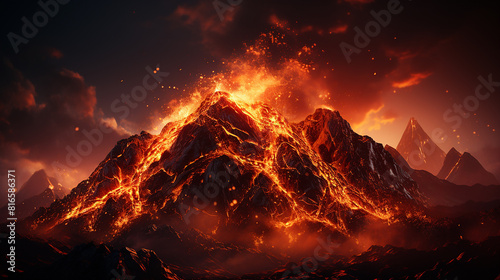 Lava erupts from the mountain and flows down