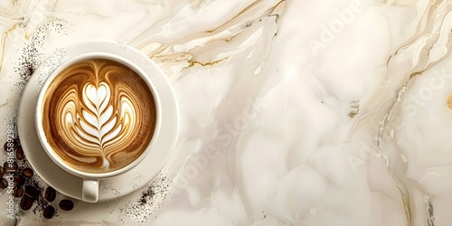 Web banner featuring a coffee shop table adorned with latte art. Concept Coffee Shop, Latte Art, Beverage Photography, Cafe Scene, Table Setting