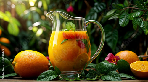 Orange juice in a pitcher with leaves and oranges. A refreshing citrus drink with vibrant colors and natural ingredients.