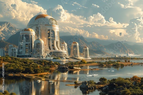Grand futuristic building complex by the lake. Towering structures with domes and glass windows. Mountains and lush landscape in background. Scene captures modern architecture in harmony with nature.