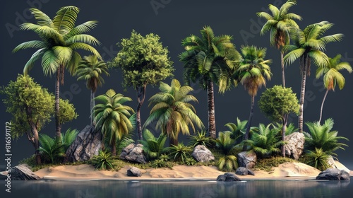 Set of jungle rain forest trees cutouts with 3D renders in png format