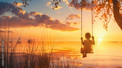 A child is swinging on a swing by a lake at sunset