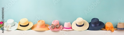 A variety of straw hats on blue background.