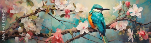 A watercolor painting of a kingfisher bird perched on a branch with delicate pink and white blossoms.