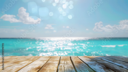 Wooden table top with blurred bokeh of sea and sky background for product display presentation concept, summer vacation banner template design