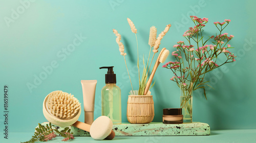 Group of eco accessories and cosmetics with floral dec