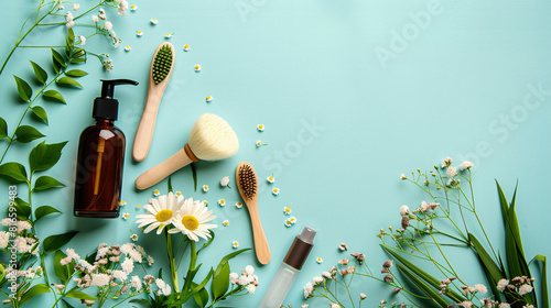 Group of eco accessories and cosmetics with floral dec