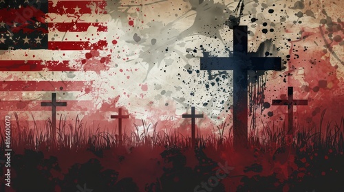 This image features an artistic depiction of a grunge-style American flag background with silhouetted crosses, suggestive of sacrifice or memorial