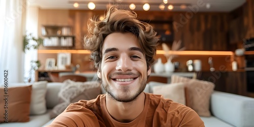 Young man smiling at camera in modern living room taking a selfie. Concept Smiling Selfie in Modern Living Room