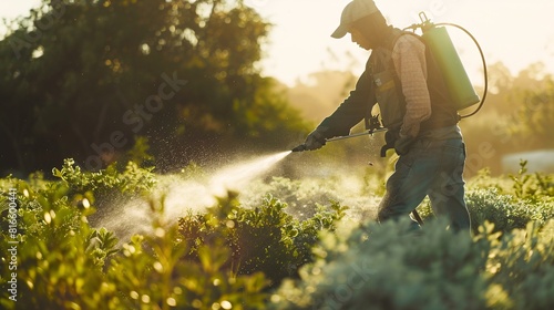 A farmer applies pesticides and herbicides in a blueberry farm during spring.