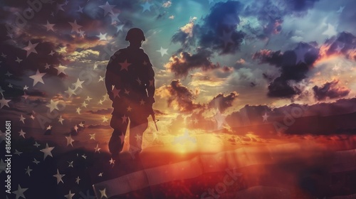 A patriotic image featuring the silhouette of a soldier with an overlay of the American flag against a dramatic sunset sky