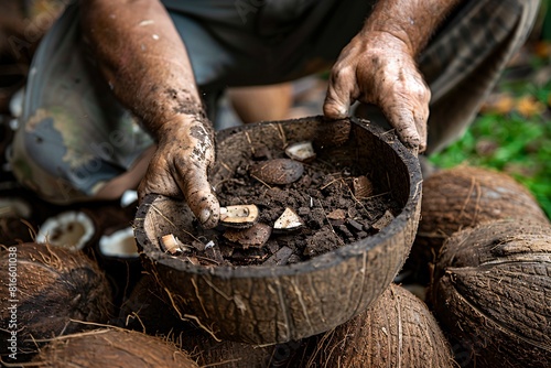 Horticulturists utilize coconut shells as a foundation for containers combined with dirt prior to sowing crops.