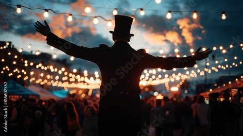 Magician in silhouette performing tricks, crowd watching under evening fair lights
