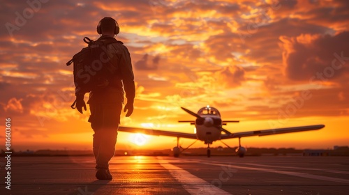 Pilot in silhouette walking towards a small aircraft at sunrise
