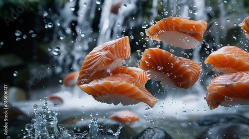 Waterfalls of thinly sliced salmon sashimi float gently in the air.